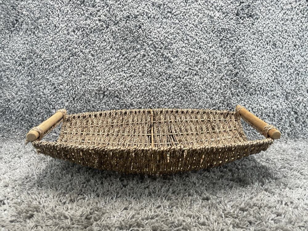 Woven Rattan Serving Tray Basket with Wooden Handles Rustic Farmhouse Decor